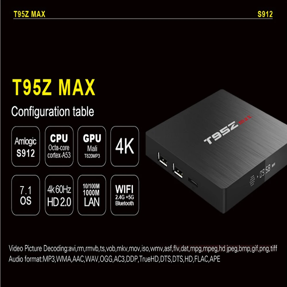 T95Z макс 3 Гб оперативной памяти 32 встроенной процессор Amlogic S912 Octa Core Andorid 7 1 ТВ