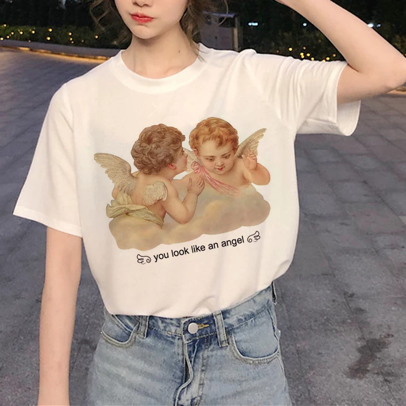 

Новинка забавная Футболка Harajuku с ангелом женская футболка Ullzang в эстетике кавайная футболка 90-х мультяшная футболка с графическим рисунком корейский стиль Топы женские футболки
