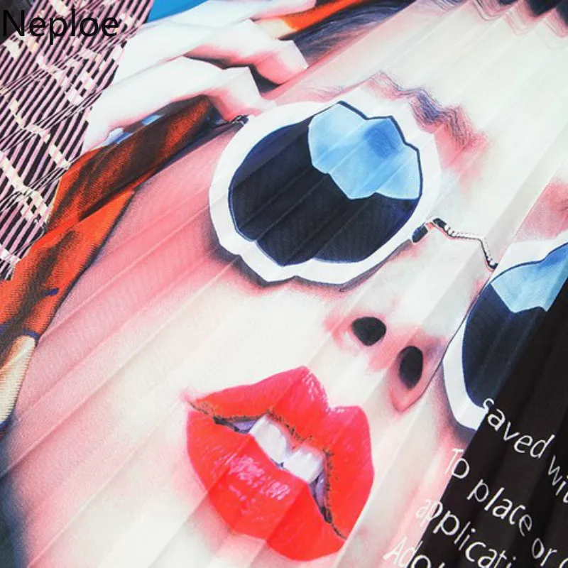 Neploe Pleated Skirt Women Summer 2020 Sunglasses Beauty Print Skirts Letter Elastic Waist Jupe 43630 | Женская одежда