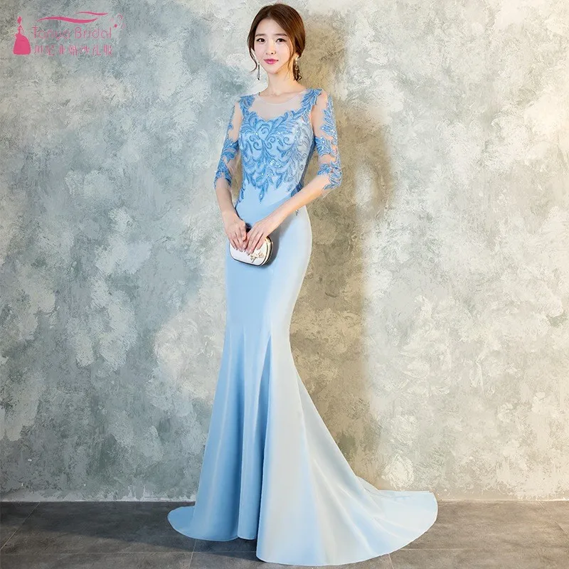 

Half Sleeve Bridesmaid Dresses Mermaid Sky Blue Lace Sheer Neck Party Gowns Special Occasion Bridesmaids Gowns Formal Wear JQ63