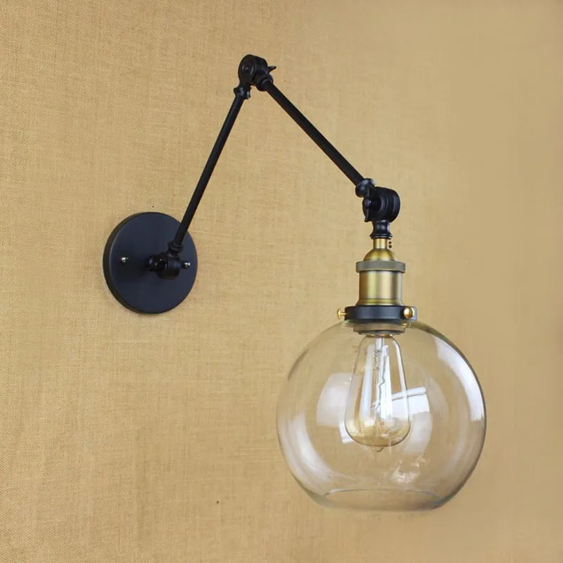 

American Country Industrial Vintage Iron Wall Lamp Glass Ball Shade Foldable Swing Arm Study Bedroom Wall Light Free Shipping