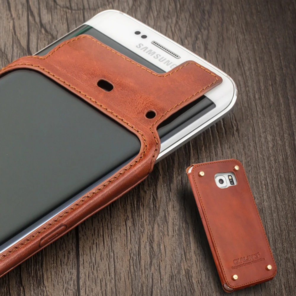 

QIALINO Unique Design Genuine Leather Phone case for Samsung Galaxy S6 edge Rivet Design in Back protect phone and leather