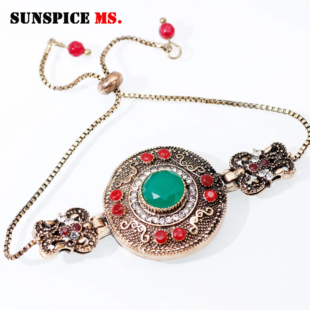 ll0003greenred SUNSPICE MS Дубай этнический скользящий браслет для женщин Турецкая Свадебная цепочка на запястье Античный Золотой Цвет бусины в стиле бохо ювелирные изделия - Окраска металла: ll0003greenred