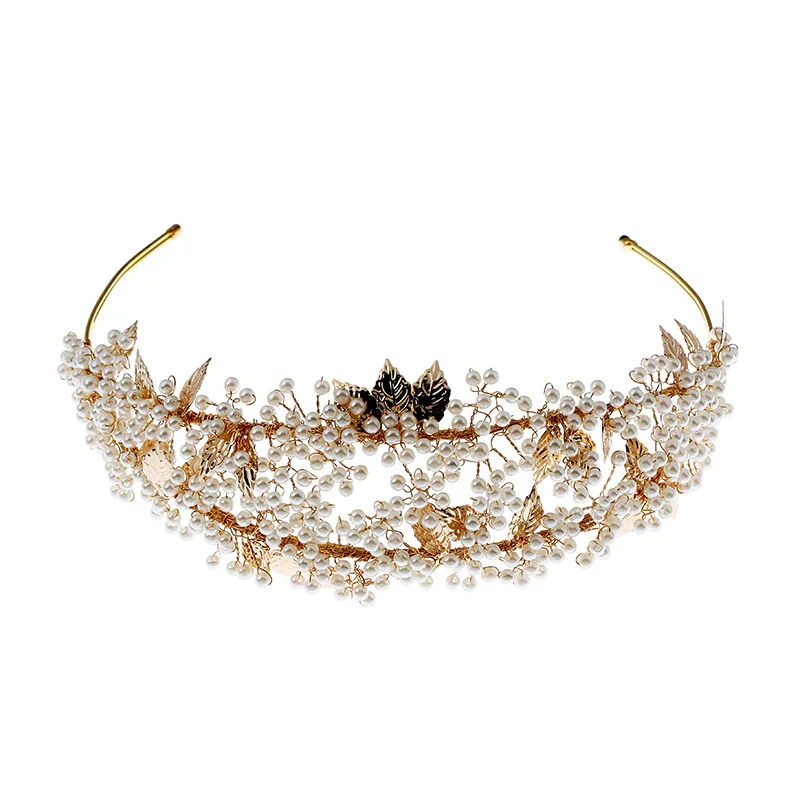 Женская свадебная тиара SLBRIDAL Золотая с кристаллами стразами и жемчугом