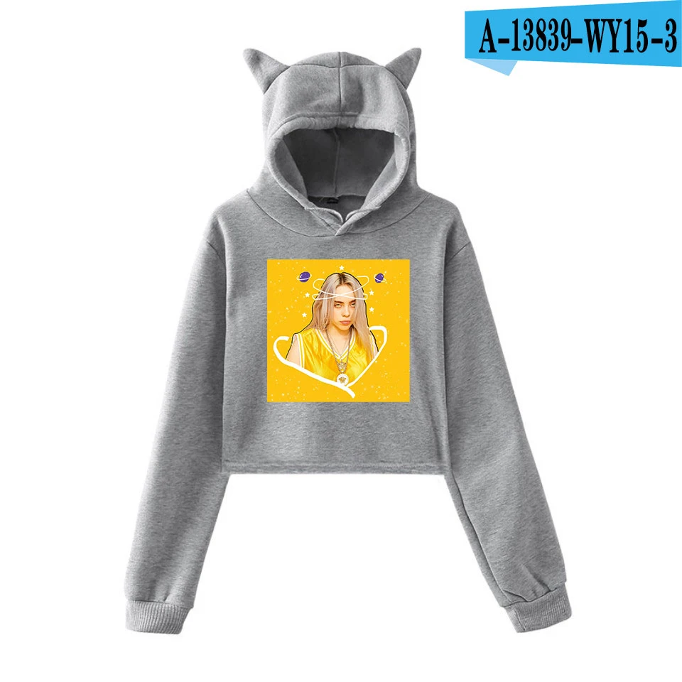 Billie Eilish Кепка с кошачьими ушками сексуальные толстовки модный тренд короткий кошачий Топ Женская толстовка с принтом сексуальная одежда Kpop - Цвет: gray