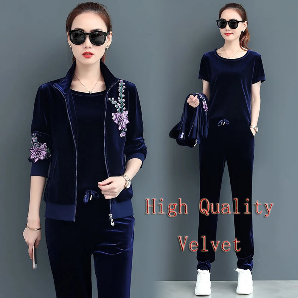 Бархатные костюмы из 3 предметов спортивные свободного покроя для женщин Большие