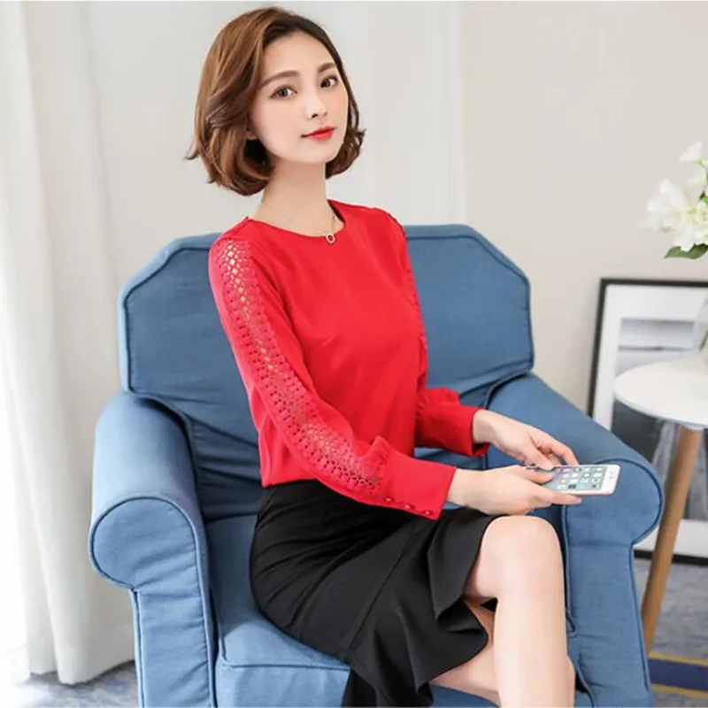 Женские осенние свободные шифоновый топ с длинными рукавами выдалбливать ушко