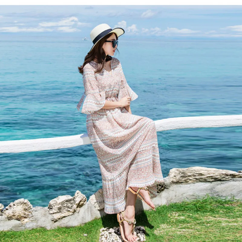 Бохо стиле летнее платье богемный Цветочный принт с расклешенными рукавами