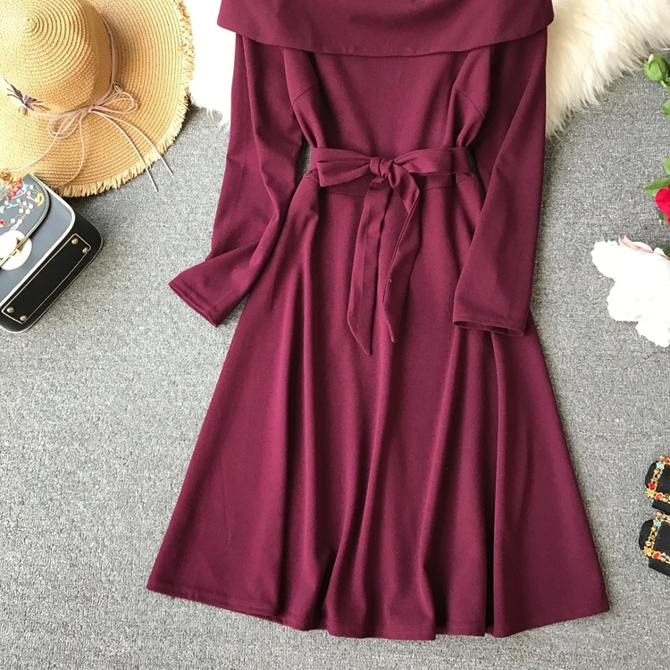 

2019 new fashion women's dresses Spring long solid color thin casual dress female Slim slash neck