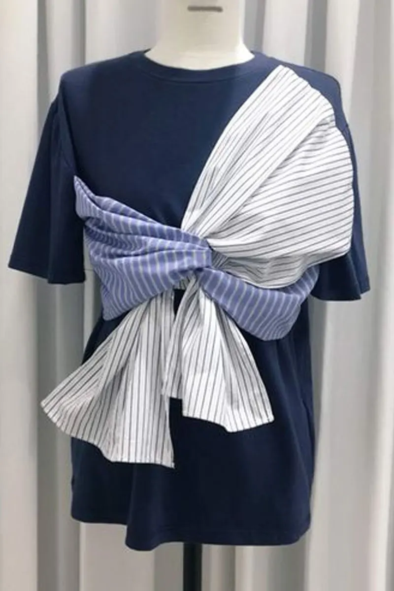 Женская хлопковая футболка с коротким рукавом GETSRING белая в полоску бантом