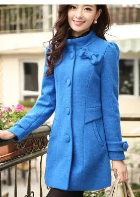 Blue Новая шерстяная куртка с бантом, Женская длинная куртка в Корейском стиле, Осень-зима, зеленое, синее, хаки, розовое тонкое маленькое шерстяное пальто - Цвет: Blue