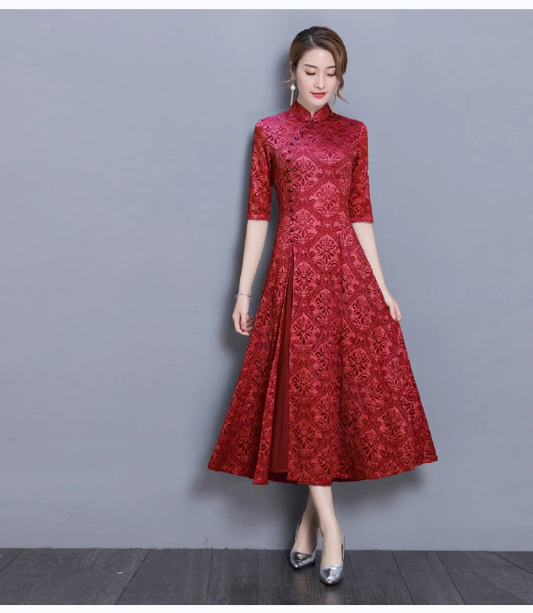new vintage Lace Long dress women Summer Chinese Style A-Line dress Solid color Half sleeve Ankle-Length dress women