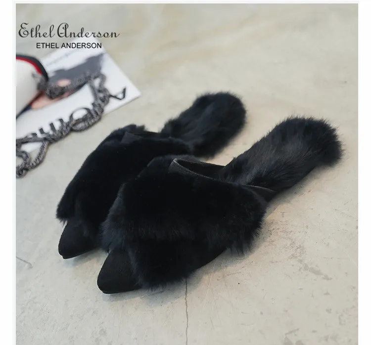 Style 1 Black ETHEL ANERSON/роскошные Тапочки с натуральным кроличьим мехом; домашние тапочки; красивые пушистые шлепанцы без застежки; мягкая обувь - Цвет: Style 1 Black