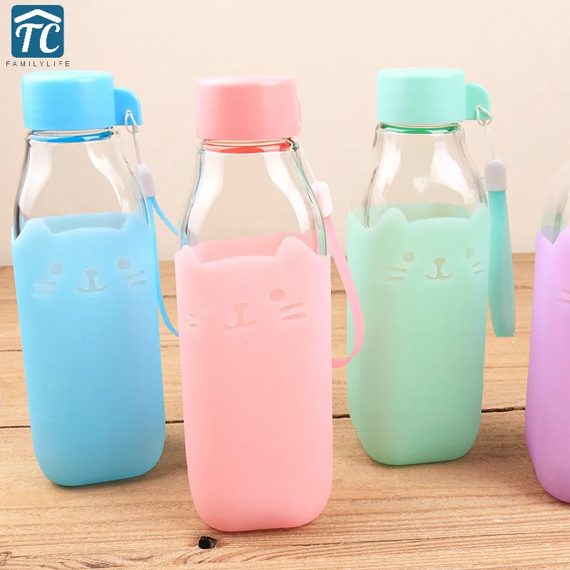 

420ml Candy Color Cute Glass Bottle Silicone Creative SweetEco-friendly Camping Travel Safe Leak-poof Drinkware Portable Coffee