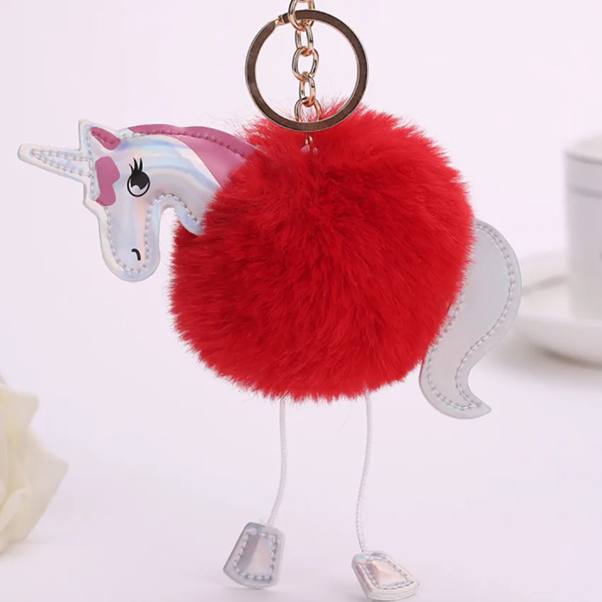 Новинка женская меховая цепочка для ключей с единорогом 8 см помпон из