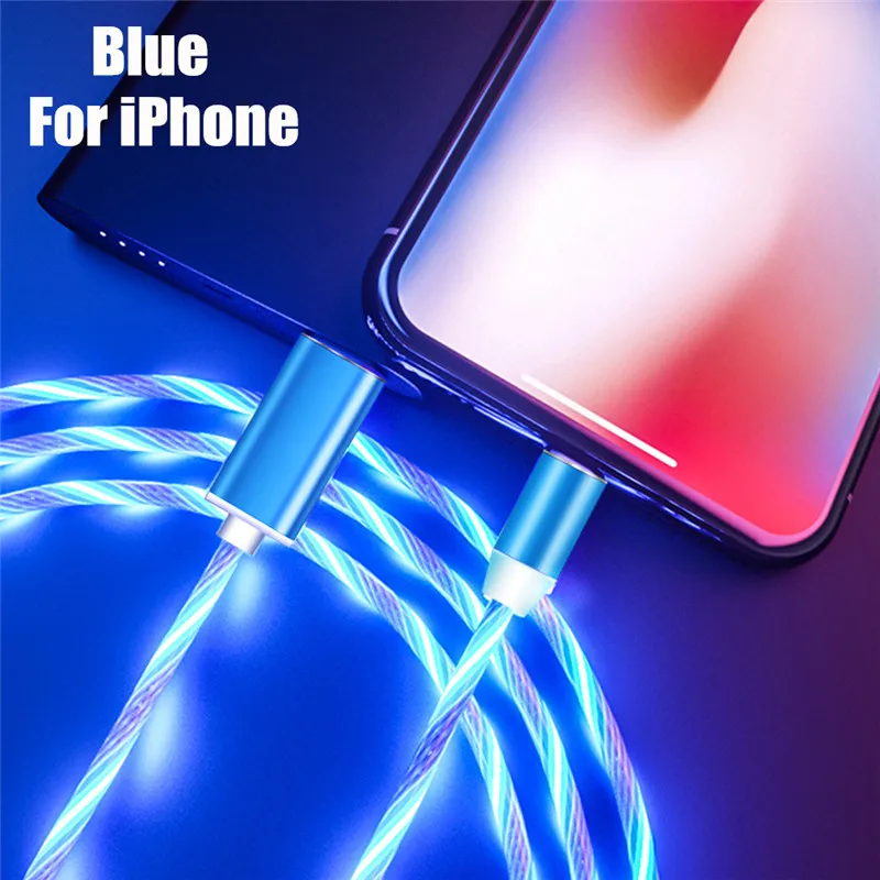 Blue IOS Cable НИСИ светодиодный Micro USB Магнитный зарядный кабель для iPhone samsung Xiaomi huawei USB C TPE поток светящийся кабель быстрой зарядки - Цвет: Blue IOS Cable