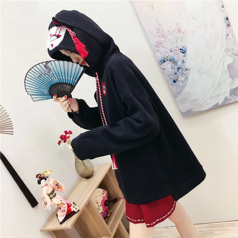 Белая, черная, японская одежда, Толстовка Harajuku Kawaii с вышитым котом, расклешенными рукавами, Женский Топ,, осенняя, японская Конфета FF2080