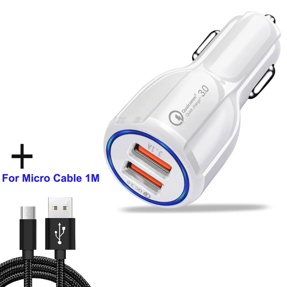 Add micro cable QC3.0 автомобильное зарядное устройство 6A быстрое зарядное устройство для мобильного телефона зарядное устройство 2 порта USB Быстрая зарядка для iPhone samsung Xiaomi планшет автомобильное зарядное устройство - Тип штекера: Add micro cable