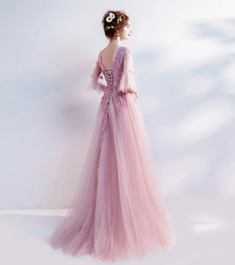 SSYFashion/Новинка; милое розовое кружевное вечернее платье с цветами; платье для невесты, банкета, с рукавами-бабочками, с аппликацией, длиной до пола; вечерние платья для выпускного вечера