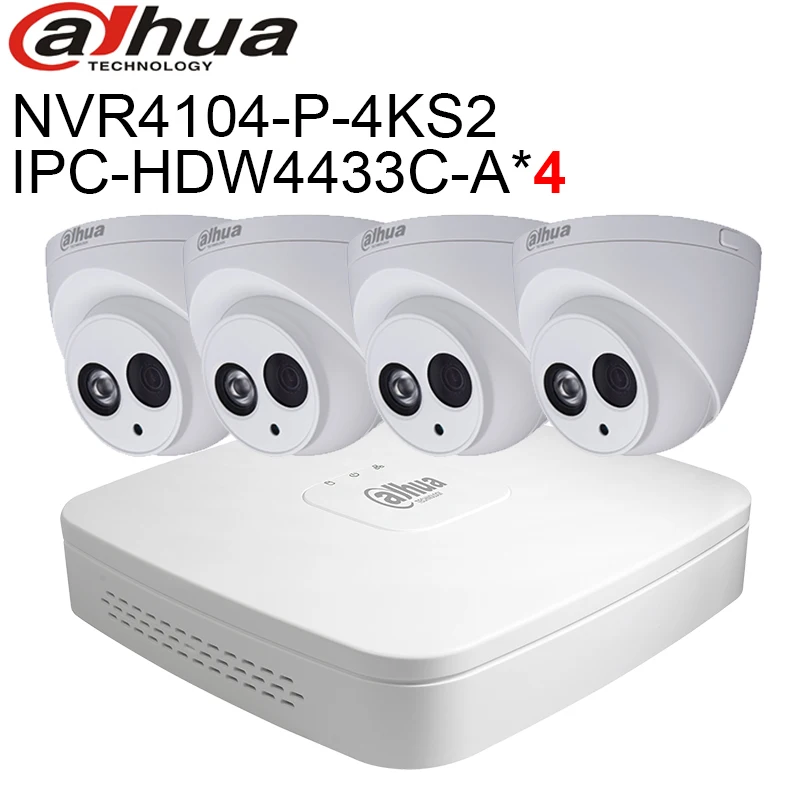 Dahua 4ch камера безопасности системы IPC-HDW4433C-A 4 шт. 4MP IP камера NVR4104-P-4KS2 4-канальный NVR CCTV система комплект