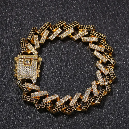Gold Black Bracelet В стиле «хип-хоп» 15 мм Bling льдом с украшением в виде кристаллов в Кубинском стиле ограненные Стразы Майами Циркон Для мужчин с кулонами браслет для Для мужчин ювелирные изделия 8/16/18/20/24in - Окраска металла: Gold Black Bracelet