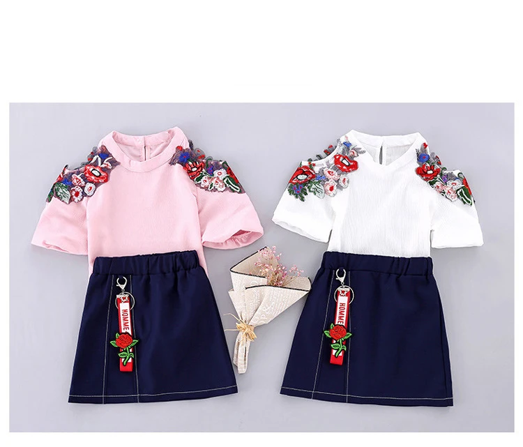 

Fashion Summer Cotton Girls Clothing Sets T-shirt &Embroidery Skirt 2pcs Party Wedding Suits for Girls Baby girl clothing Sets