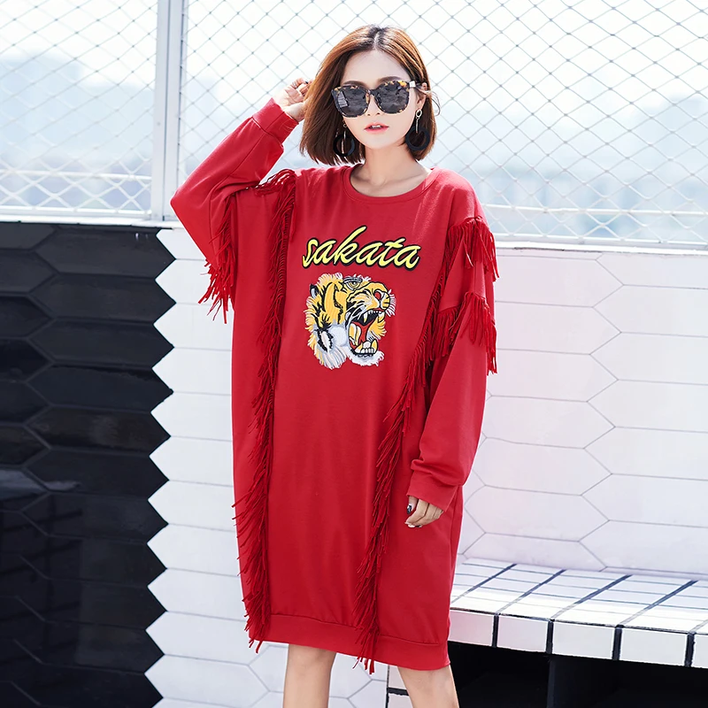 Осень 2017 г. Женская мода Тигр вышивки картины платья олень бархат кисточкой