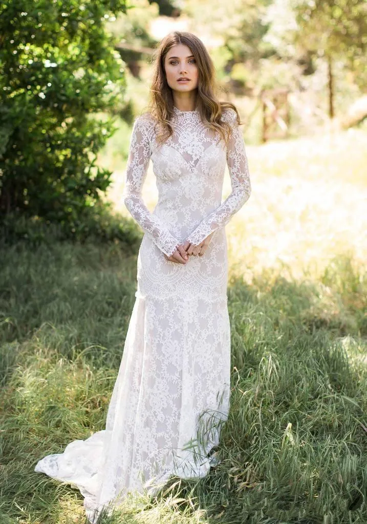Кантри Стиль Бохо Свадебные платья с длинным рукавом Robe De Mariage прозрачное кружево открытая спина свадебное платье ручной работы свадебные платья