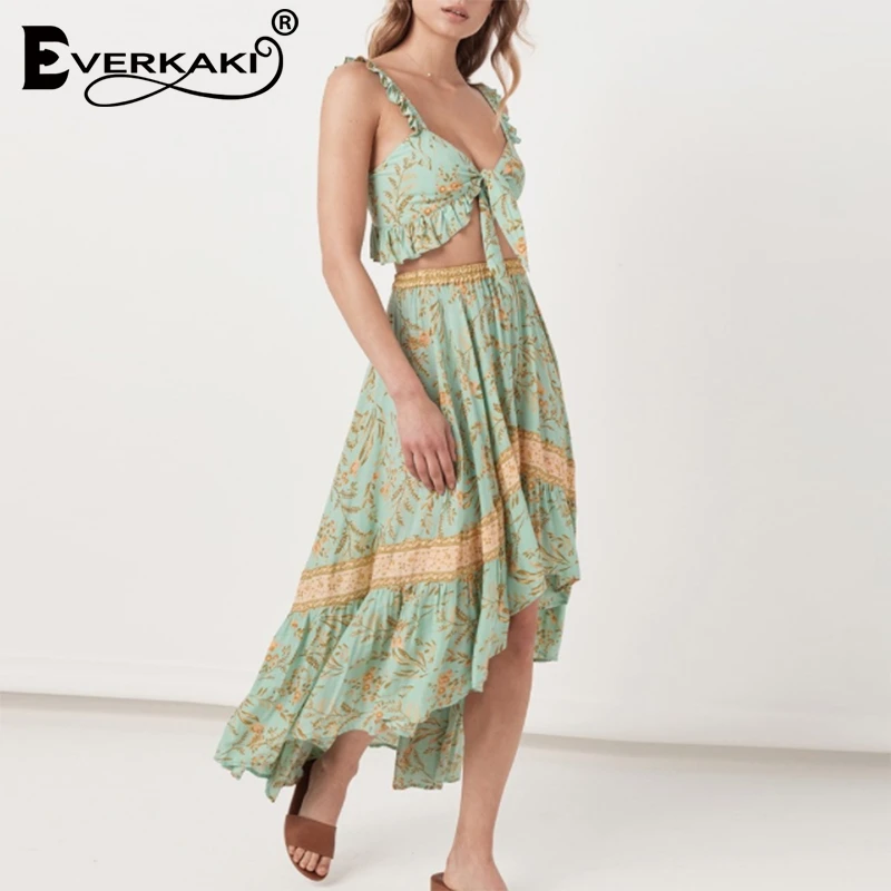 Everkaki Boho длинная юбка с цветочным принтом, Женская хлопковая юбка с эластичной резинкой на талии, богемная Женская юбка, лето-осень, новинка