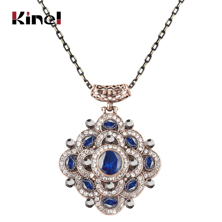 Kinel Boho винтажное ожерелье для женщин, полные стразы, большое ожерелье с синей подвеской, античное серебряное цветное массивное ювелирное изделие