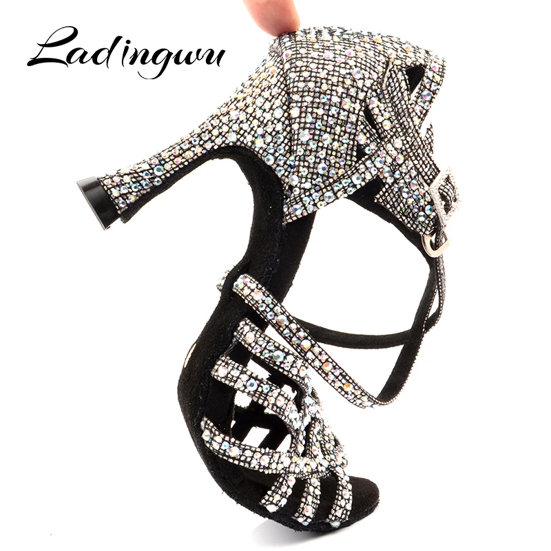 Ladingwu Zapatos De Baile Professional/черные женские танцевальные туфли черного цвета в клетку, на высоком каблуке, для сальсы, для латинских танцев, со стразами