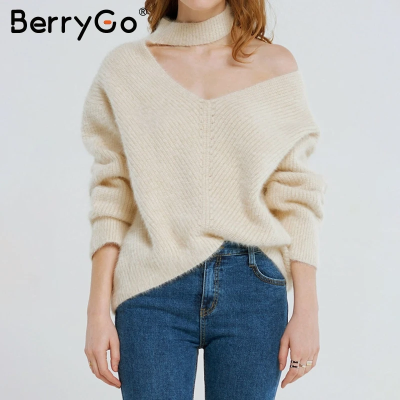 BerryGo Женский вязаный свитер с высоким горлом открытыми плечами синий сексуальный