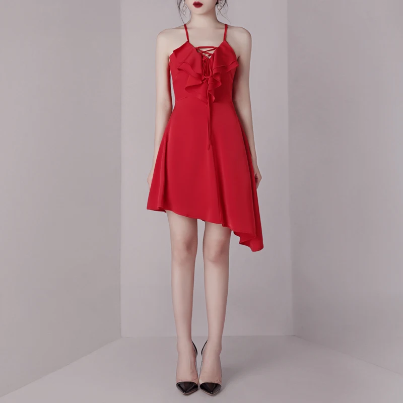 INDRESSME Новинка 2019 элегантное сексуальное асимметричное платье на бретельках со