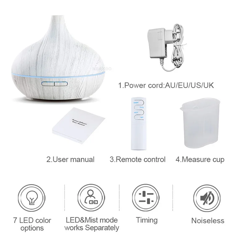

550ml Remote Control Ultrasonic Electric Air Humidifier Aroma Oil Diffuser White Wood Grain 7 colors LED Lights for home