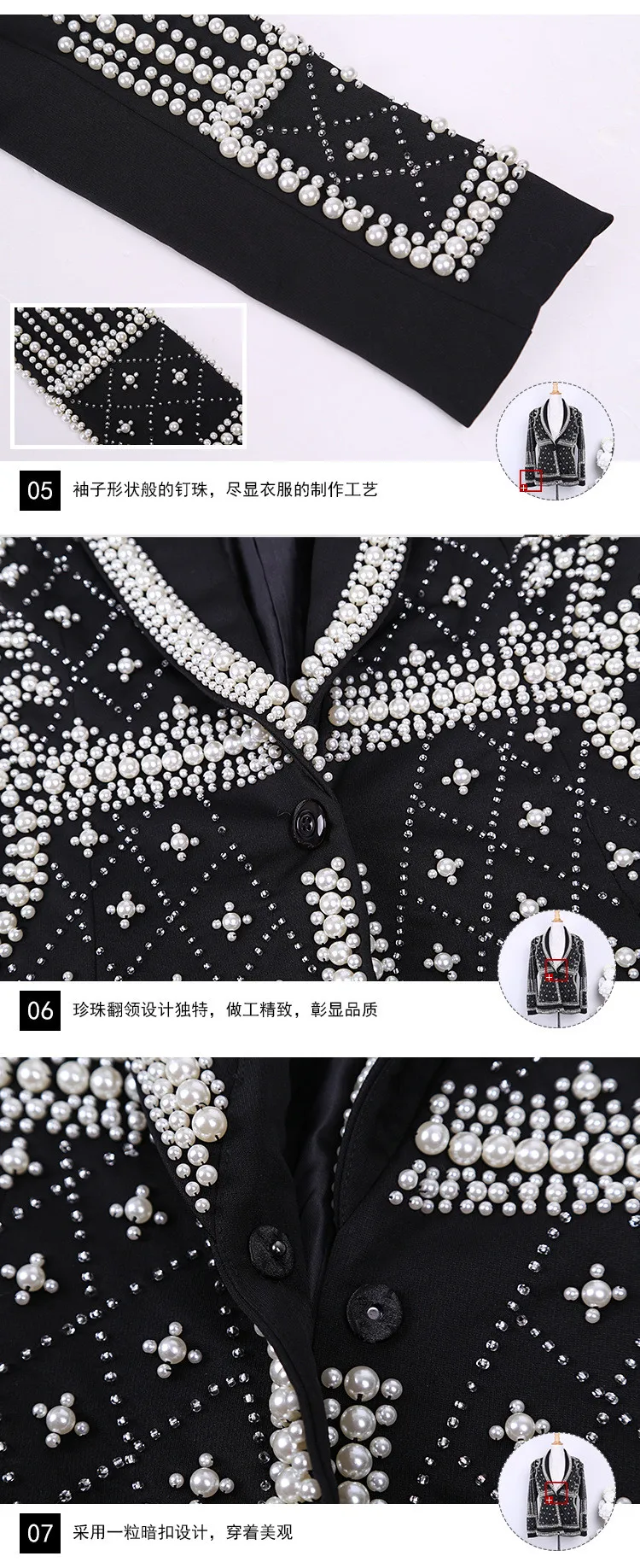 High Quality Handmade Beading Blazers Ladies New Elegant Solid Notched Collar Luxurious Chic Party Pearl Outerwear Suit Jackets