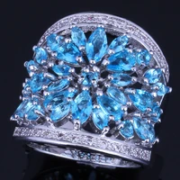 astonishing huge sky blue cubic zirconia white cz silver plated ring v0156