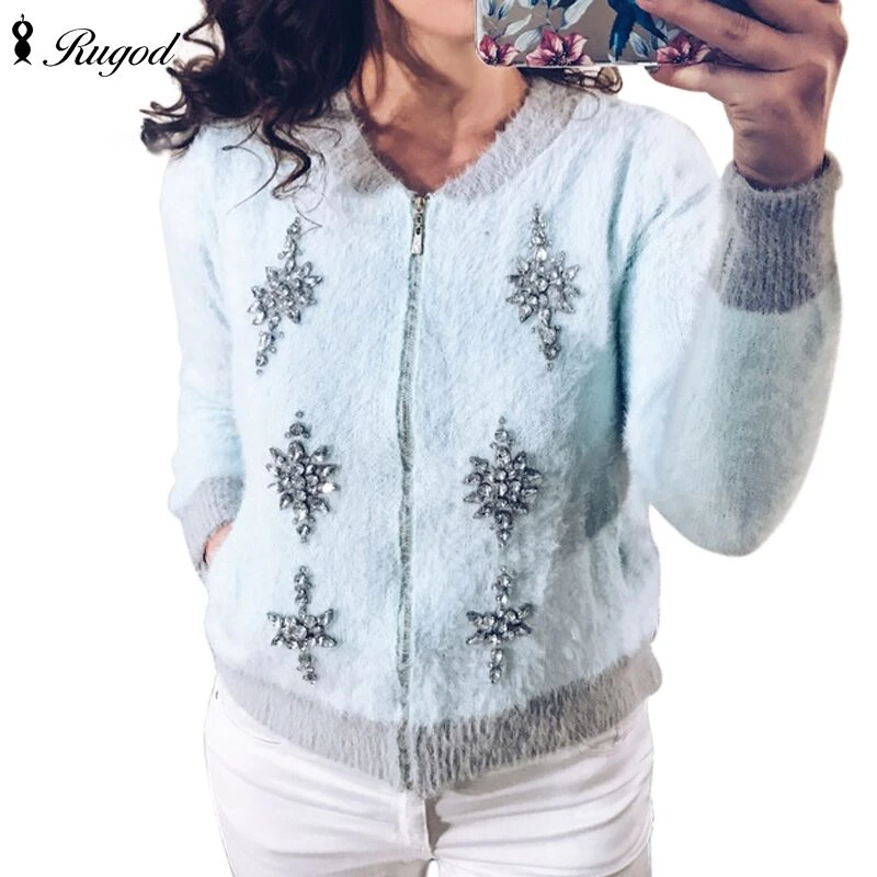 

RUGOD Women 's Cashmere Sweataer Outwears Zipper Loose Sweet Rabbit Casual Lady Long Sleeve Soft Casual lady 2021 Autumn