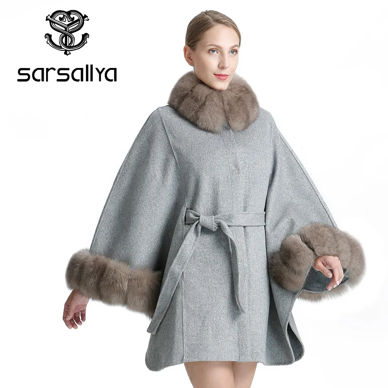 SARSALLYA Для женщин натуральным лисьим мехом плащ меховой Куртка с воротником