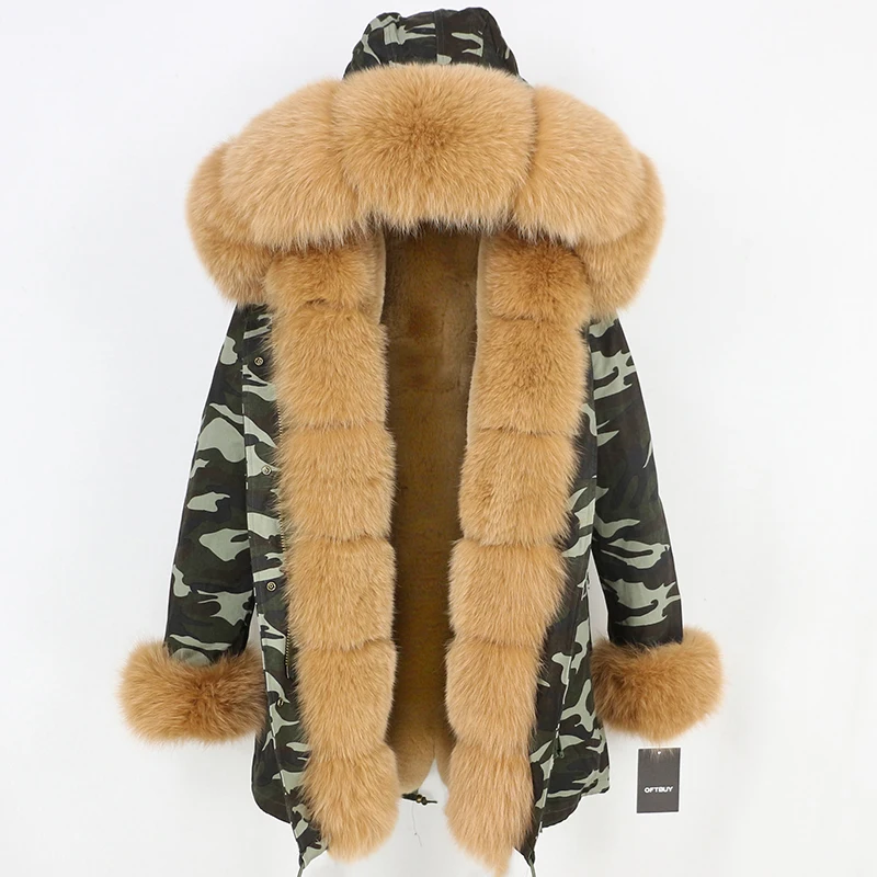 OFTBUY, Длинные парки, зимняя куртка, Женское пальто с натуральным мехом, отделка из натурального Лисьего меха, капюшон, верхняя одежда, уличная одежда, толстая, теплая, съемная - Цвет: camo camel