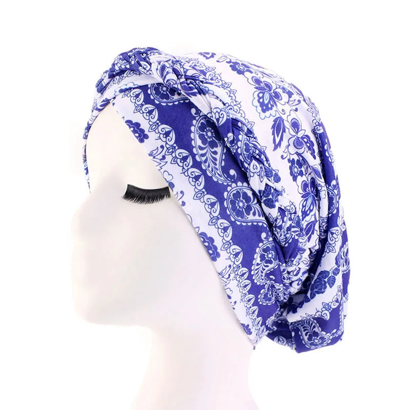 royal blue New Ethnic Style Twist Braid Turban Cap Bohemian Print Muslim Hat Women Bandanas Headwear Hair Accessories Headscarf Hijab - Цвет: royal blue