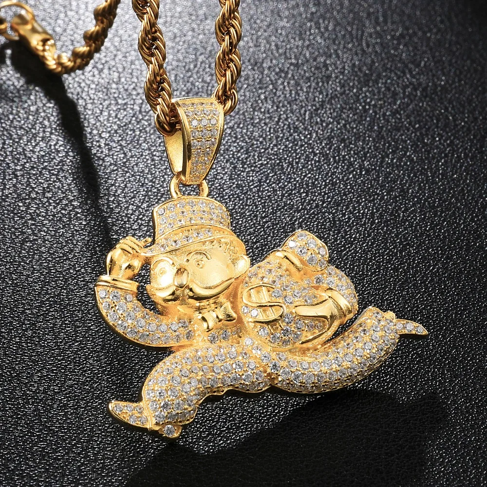 Hip Hop Iced Out Bling набор украшений с цирконием Монополия бег клоун с деньги брелоки для сумки и ожерелья для мужчин ювелирные изделия