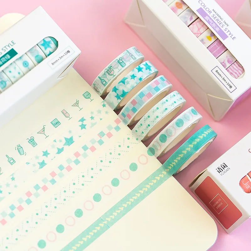 10 шт./упак. Творческий Цвет комплект лента Washi DIY Скрапбукинг Стикеры этикетки клейкая лента Школа канцелярских товаров