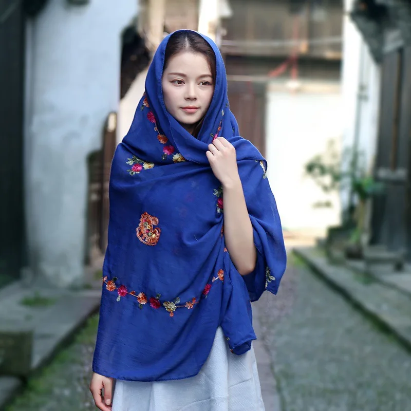

VOHIO foulard femme 180*90cm foulard women scarf female flower folk style cotton embroidery scarves shawls extended warm cashew