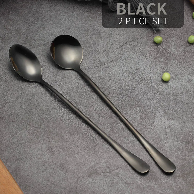 2 Pcs Black VandHome цветная кофейная ложка из нержавеющей стали с длинной ручкой, десертный набор чайных ложек, кухонные аксессуары для кофе - Цвет: 2 Pcs Black