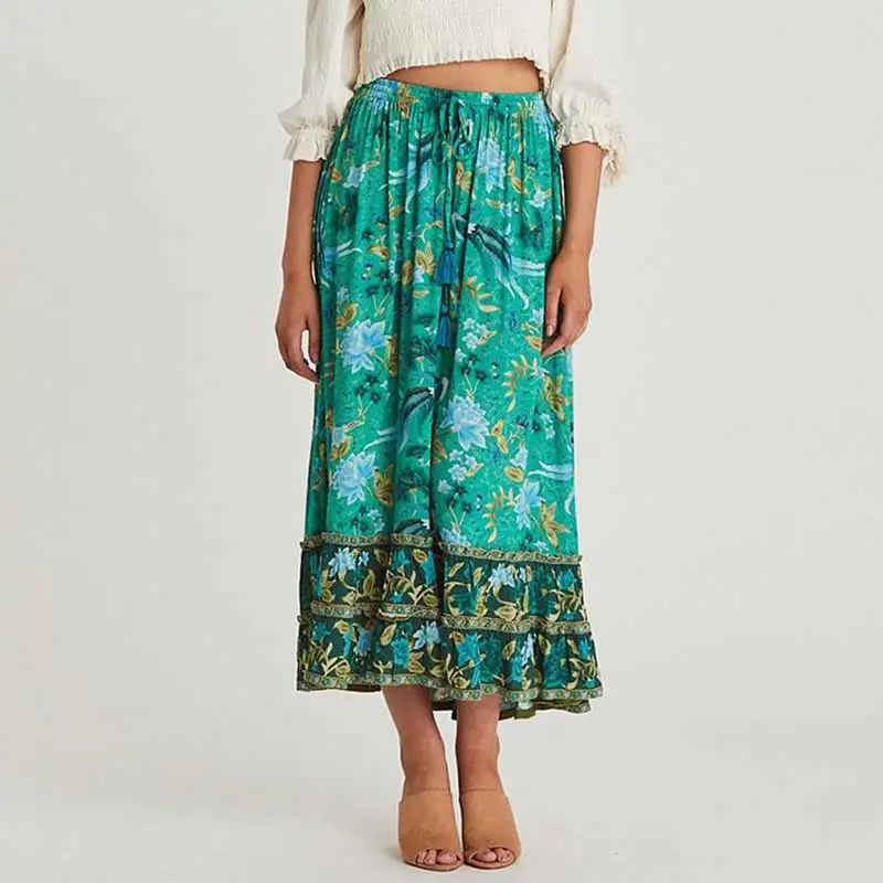 Зеленый Богемный Вдохновленный принт с птицами, летняя юбка, эластичная резинка на талии, юбка с кисточками, Женская длинная юбка с оборками, юбка в богемном стиле для цыганских девушек - Цвет: Зеленый