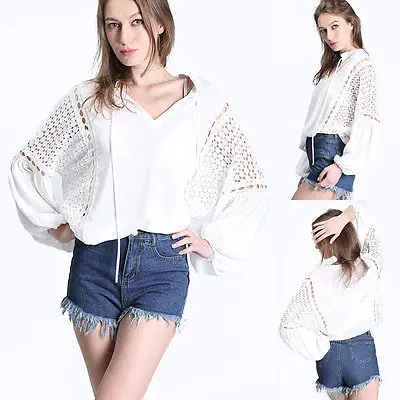Fashion Women Blouse 2018 Summer Loose Casual Chiffon Shirt Hollow Out Long Sleeve Batwing Lace Tops Blouses | Женская одежда
