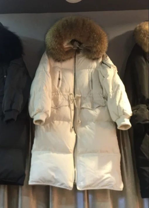 

Large raccoon dog fur collar fashion white duck down jackets women adjustable waist winter down coats outerwear 2019 new autumn