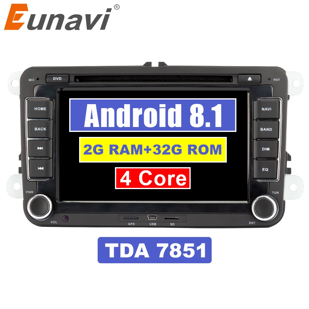 Eunavi 2 din 7 ''TDA7851 Android 8 1 автомобильный dvd радио GPS для Volkswagen VW Skoda POLO PASSAT B6 CC Tiguan Golf 5