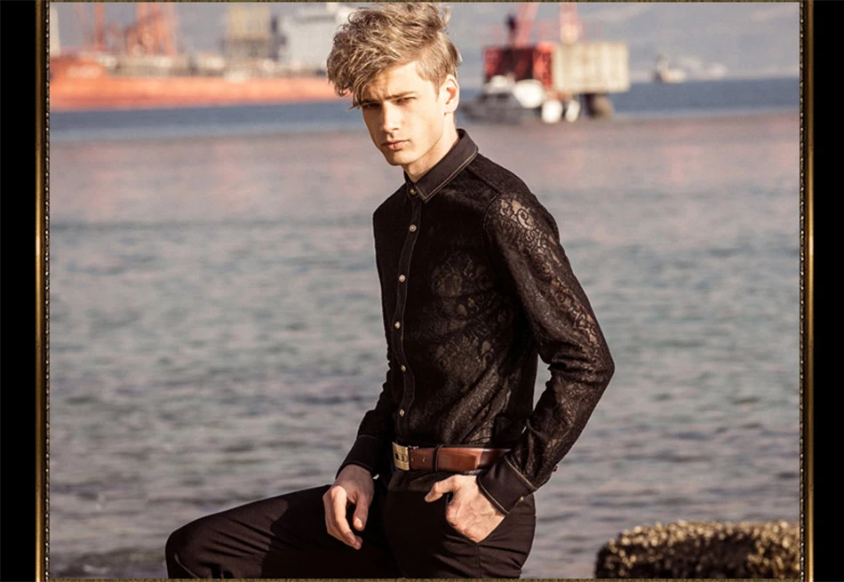 FANZHUAN Featured Brands Clothing Fall Long Sleeve Black Lace Shirt Men'S Wedding Banquet Nightclub Dress Perspective