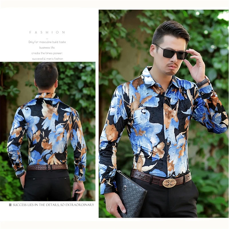 

Chinese style 3D bright flower pattern printing fashion long-sleeved shirt Autumn 2018 high quality gold velvet men shirt M-XXXL